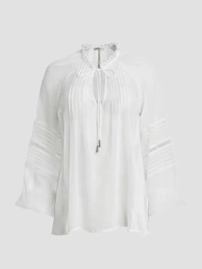 Women GUESS Tops Eco Gilda Sheer LongSleeve Blouse Pure White