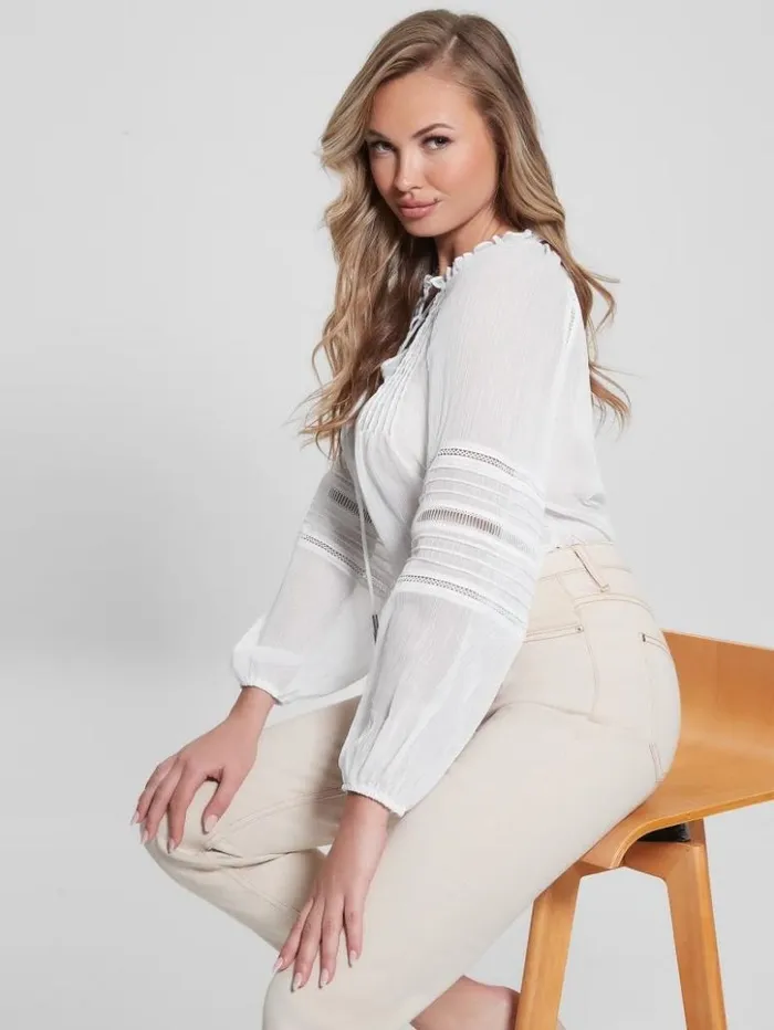 Women GUESS Tops Eco Gilda Sheer LongSleeve Blouse Pure White