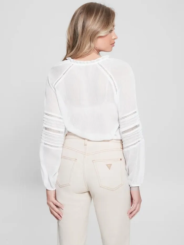 Women GUESS Tops Eco Gilda Sheer LongSleeve Blouse Pure White