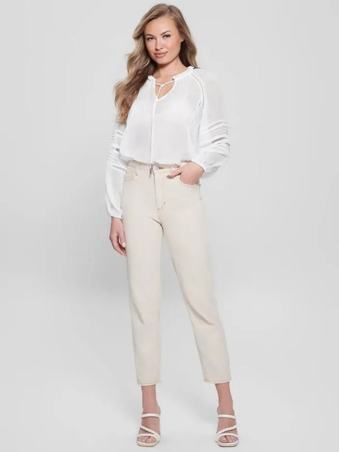 Women GUESS Tops Eco Gilda Sheer LongSleeve Blouse Pure White