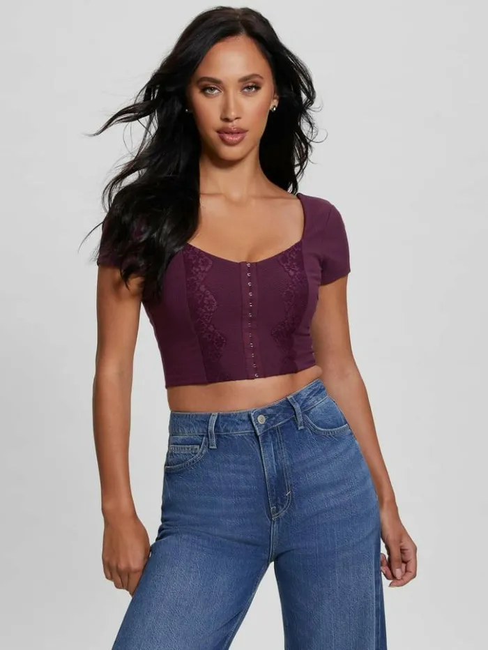 Women GUESS Tops Eco Jamie RibKnit Corset Top Black Cherry