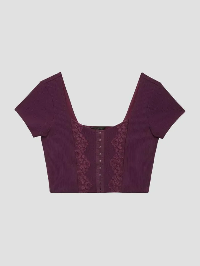 Women GUESS Tops Eco Jamie RibKnit Corset Top Black Cherry