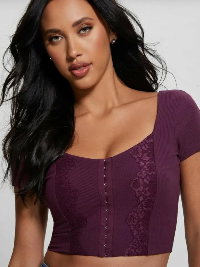 Women GUESS Tops Eco Jamie RibKnit Corset Top Black Cherry