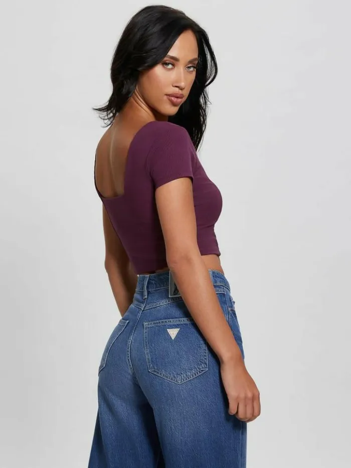 Women GUESS Tops Eco Jamie RibKnit Corset Top Black Cherry
