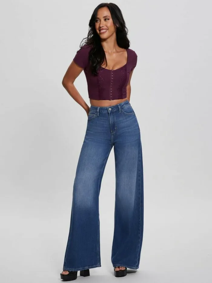 Women GUESS Tops Eco Jamie RibKnit Corset Top Black Cherry