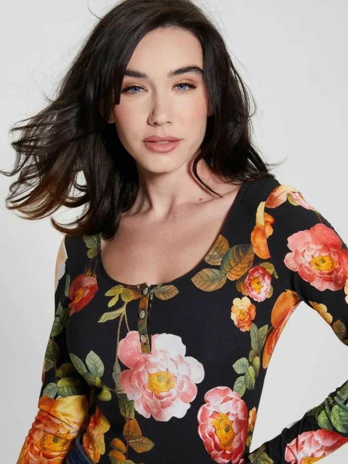 Women GUESS Tops Eco Karla Floral Henley Tee Peony Charm Print Black