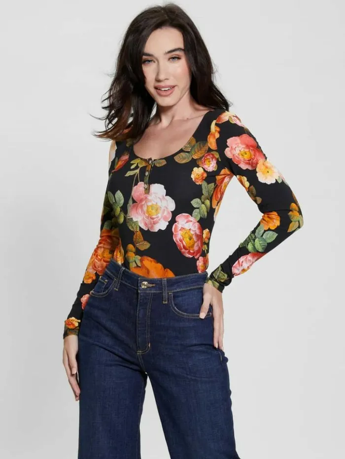 Women GUESS Tops Eco Karla Floral Henley Tee Peony Charm Print Black