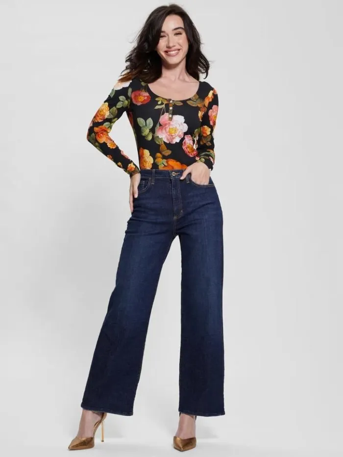 Women GUESS Tops Eco Karla Floral Henley Tee Peony Charm Print Black