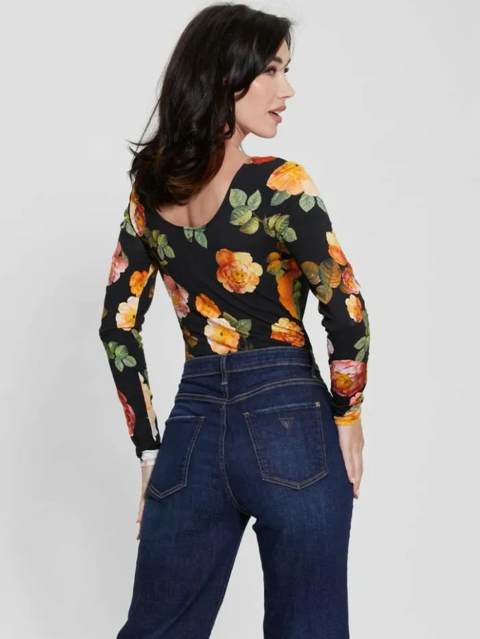 Women GUESS Tops Eco Karla Floral Henley Tee Peony Charm Print Black