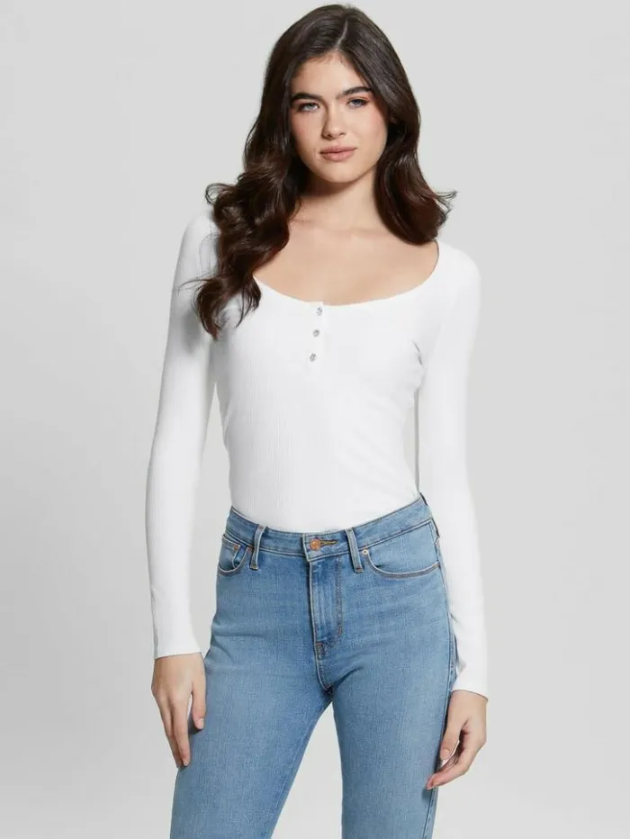 Women GUESS Tops Eco Karlee LongSleeve Henley Pure White