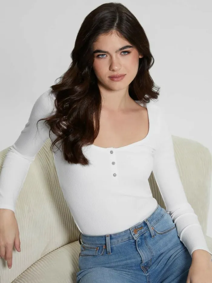 Women GUESS Tops Eco Karlee LongSleeve Henley Pure White