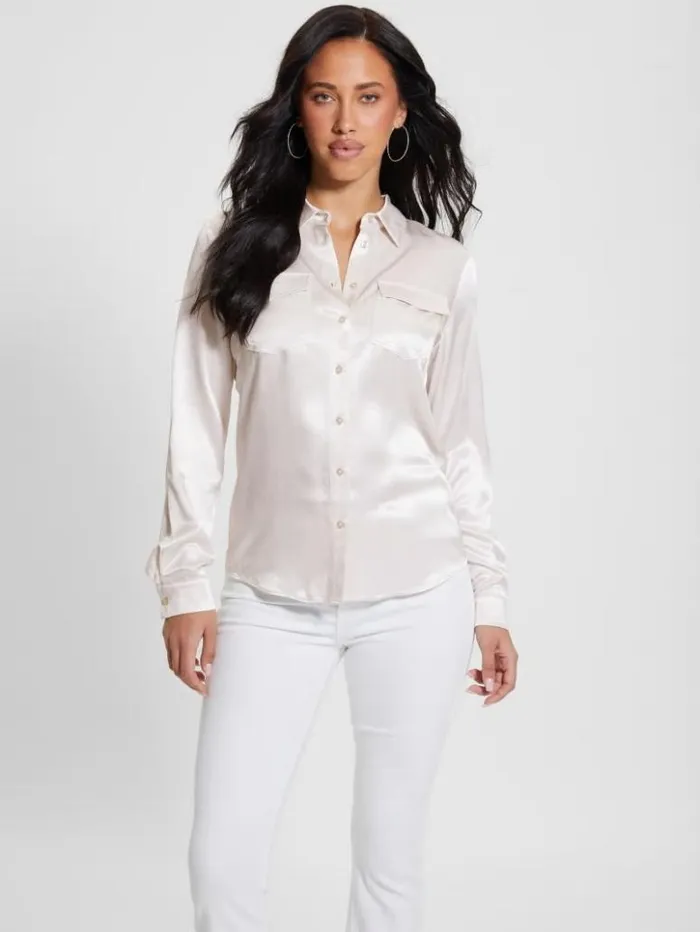 Women GUESS Tops Eco Linda Satin Shirt Muted Stone