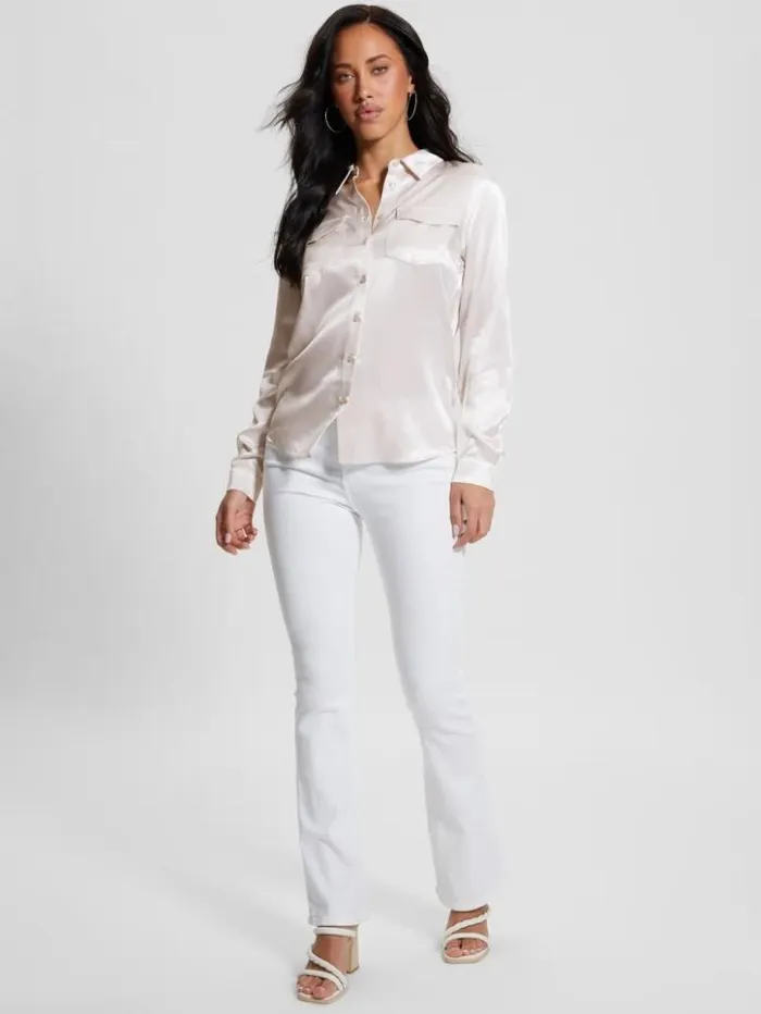 Women GUESS Tops Eco Linda Satin Shirt Muted Stone