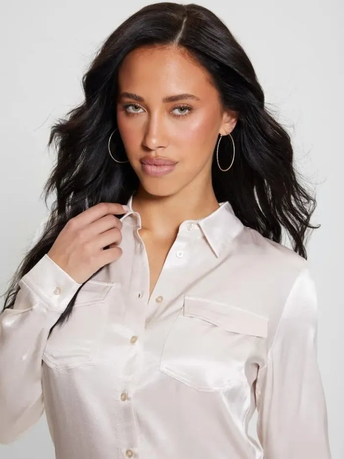 Women GUESS Tops Eco Linda Satin Shirt Muted Stone