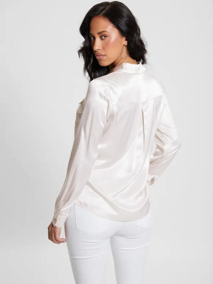 Women GUESS Tops Eco Linda Satin Shirt Muted Stone