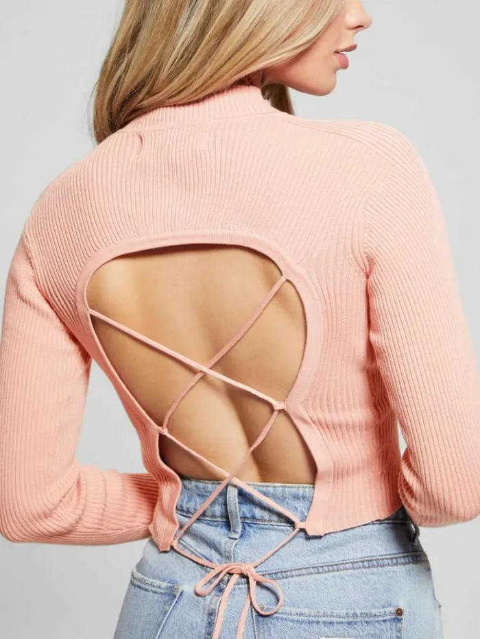 Women GUESS Tops Eco Marie OpenBack Sweater Top Smooth Pink