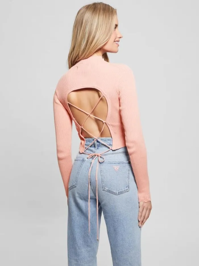 Women GUESS Tops Eco Marie OpenBack Sweater Top Smooth Pink