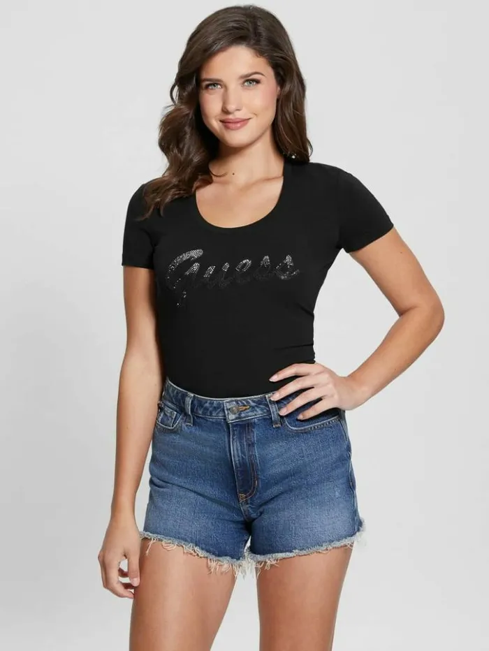 Women GUESS Tops Eco Ombre Rhinestone Monogram Tee Black