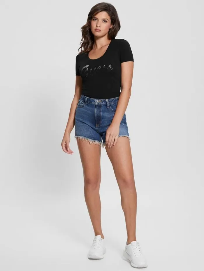 Women GUESS Tops Eco Ombre Rhinestone Monogram Tee Black