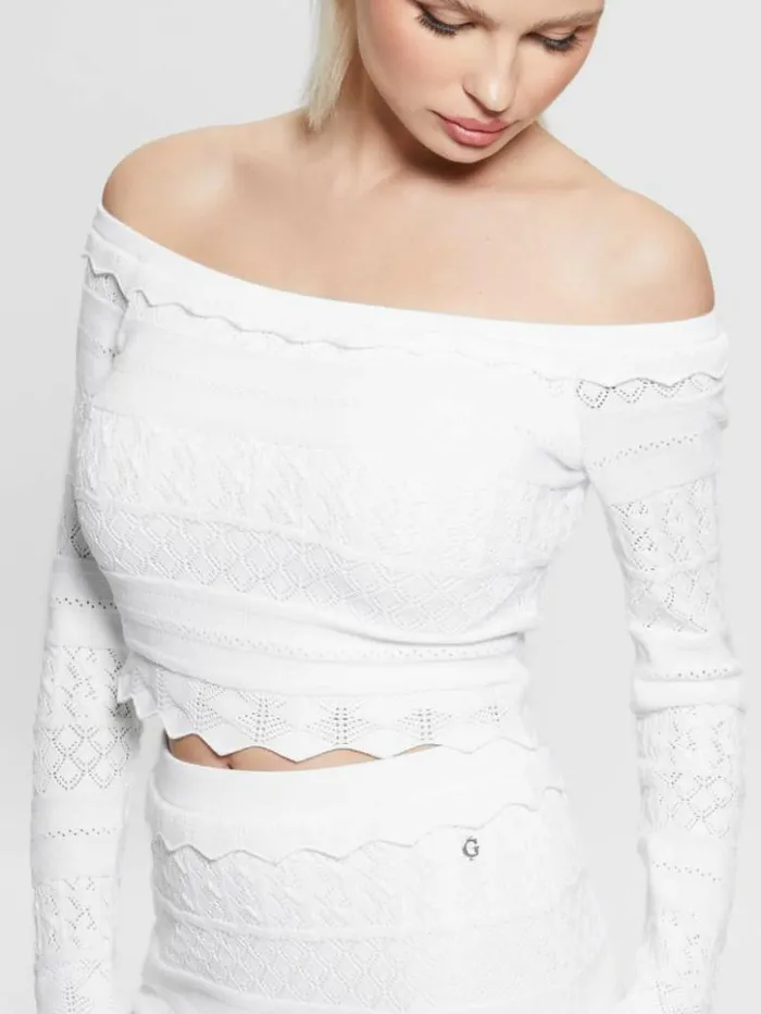 Women GUESS Tops Eco Pointelle Deeta Sweater Top Pure White