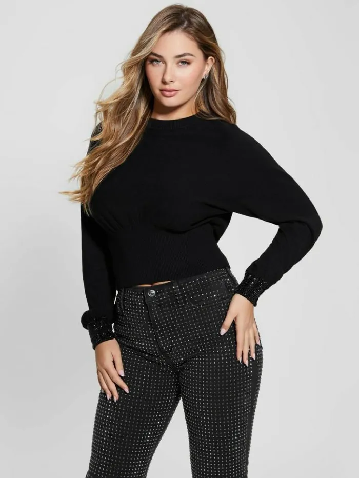 Women GUESS Tops Eco Posa Bling Cuff Sweater Jet Blackblack
