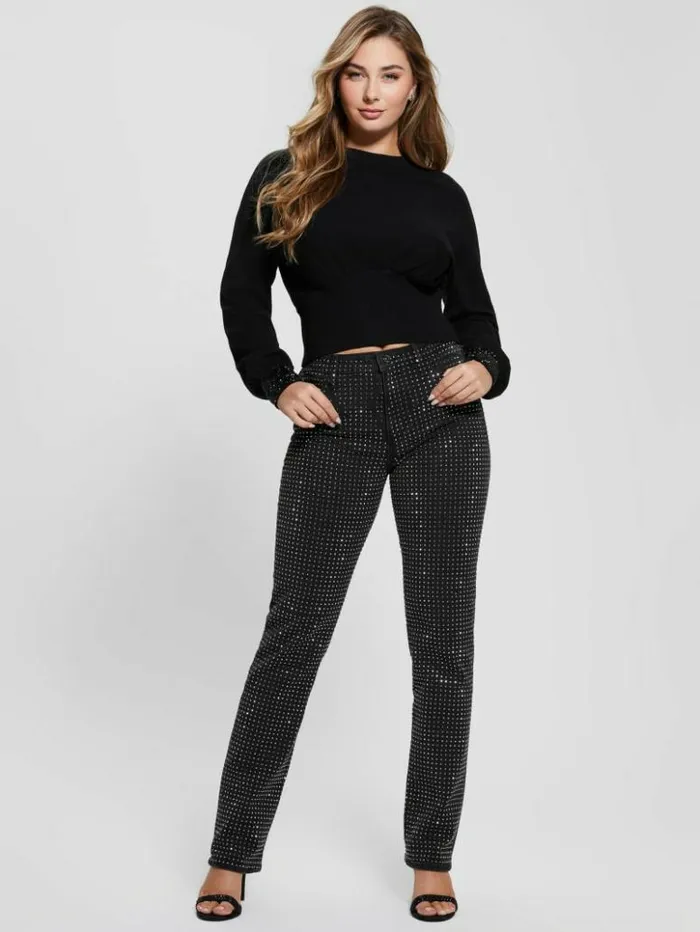 Women GUESS Tops Eco Posa Bling Cuff Sweater Jet Blackblack