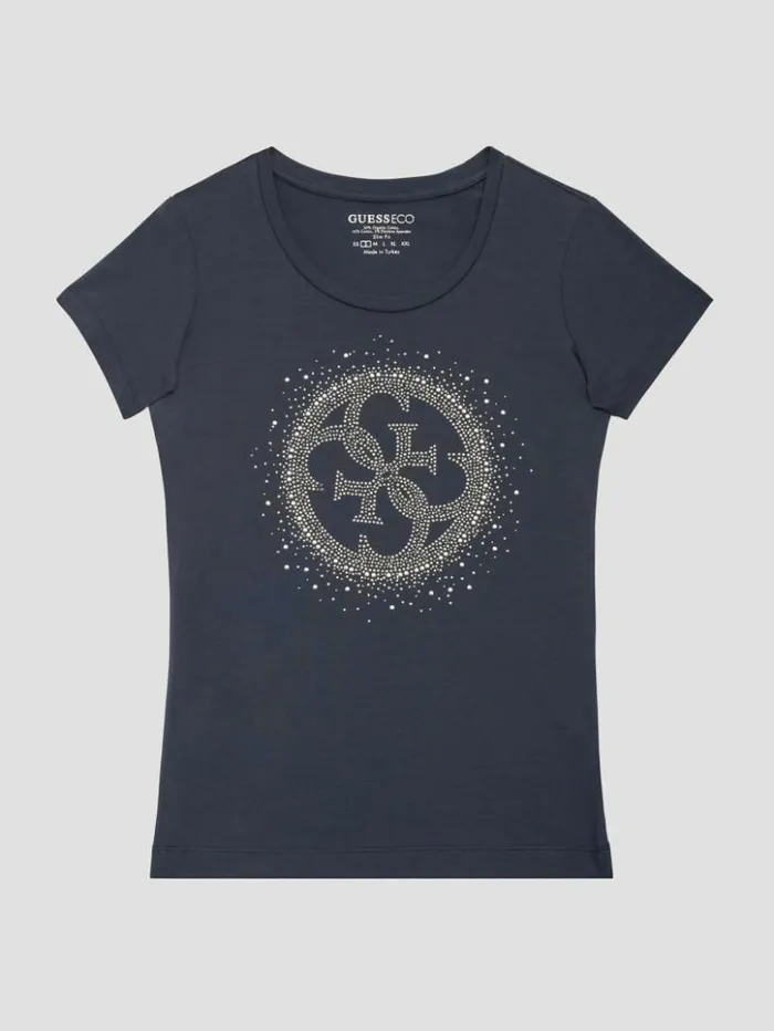 Women GUESS Tops Eco Quattro G Signature Tee Blackened Blue