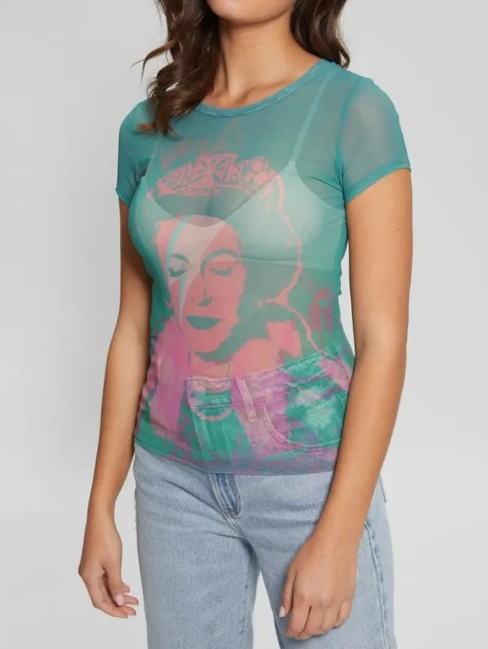 Women GUESS Tops Eco Queen Graphic Mesh Tee Carribean Water Multi