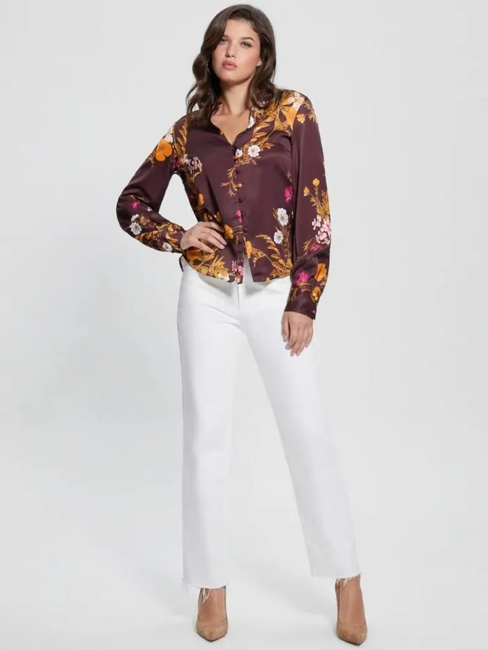 Women GUESS Tops Eco Rita Satin Shirt Bountiful Print