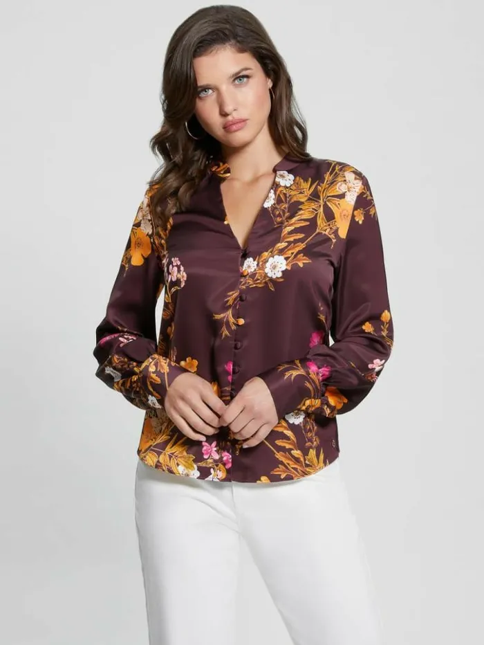 Women GUESS Tops Eco Rita Satin Shirt Bountiful Print