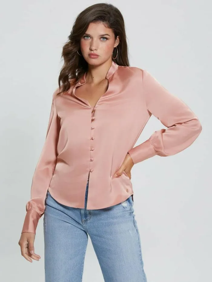 Women GUESS Tops Eco Rita Satin Shirt Smooth Pink Multi