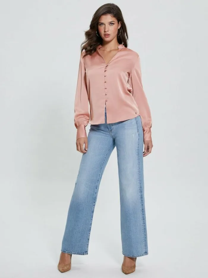 Women GUESS Tops Eco Rita Satin Shirt Smooth Pink Multi