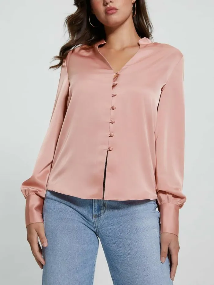Women GUESS Tops Eco Rita Satin Shirt Smooth Pink Multi