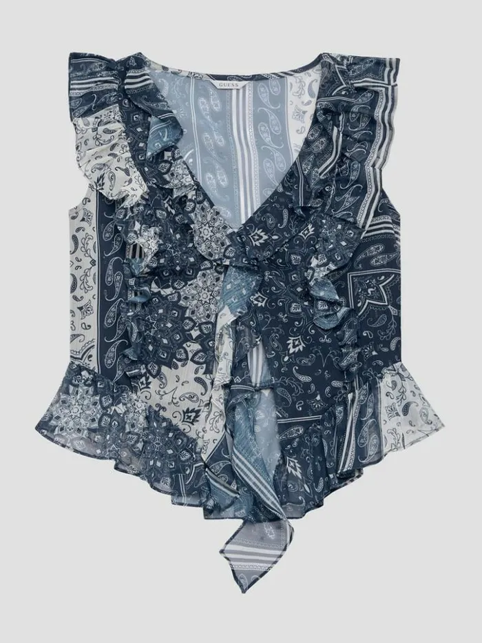 Women GUESS Tops Eco Rossella Ruffled Top Sashiko Bandana Print
