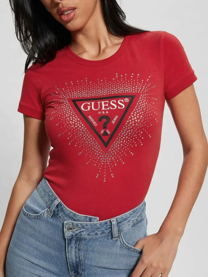 Women GUESS Tops Eco Signature Rhinestone Tee Chili Red