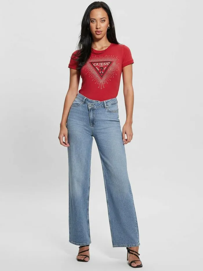 Women GUESS Tops Eco Signature Rhinestone Tee Chili Red