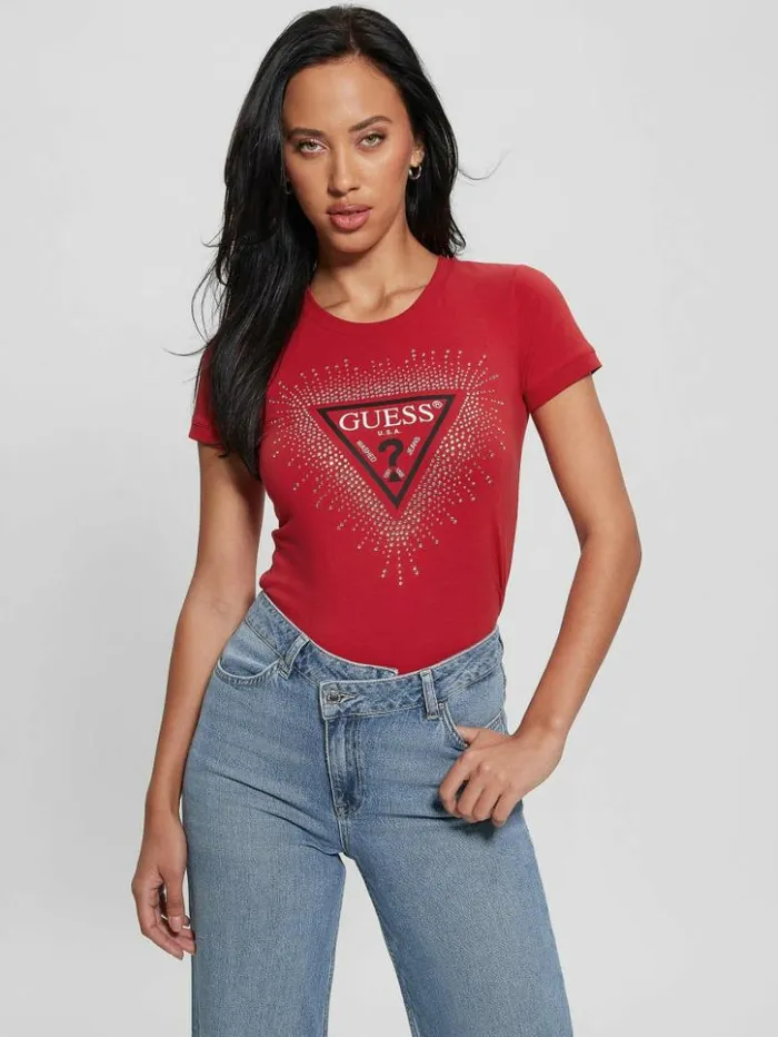 Women GUESS Tops Eco Signature Rhinestone Tee Chili Red