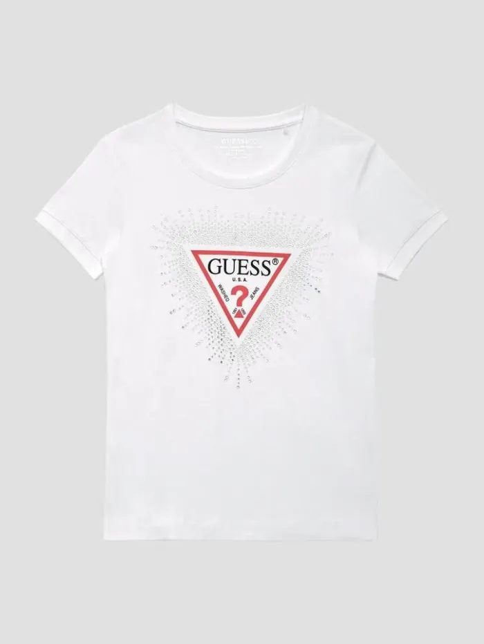 Women GUESS Tops Eco Signature Rhinestone Tee Pure White