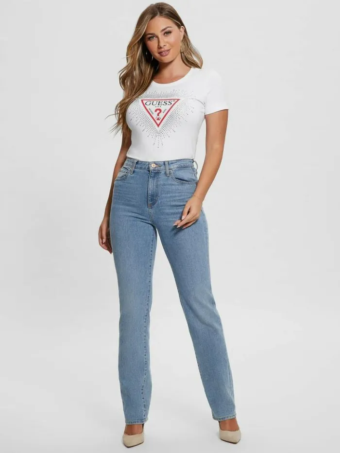 Women GUESS Tops Eco Signature Rhinestone Tee Pure White