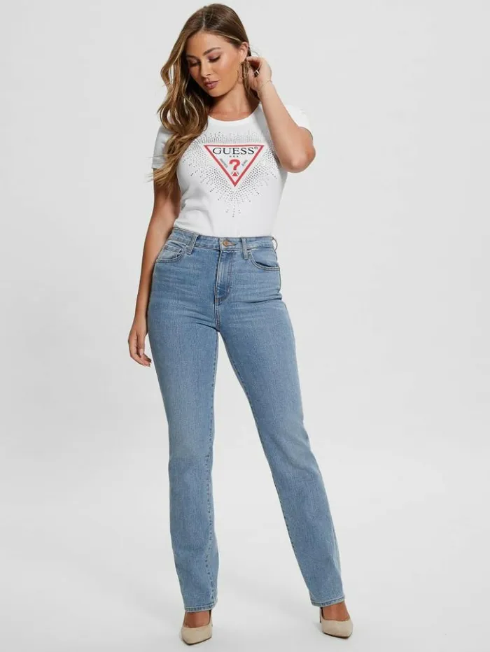 Women GUESS Tops Eco Signature Rhinestone Tee Pure White