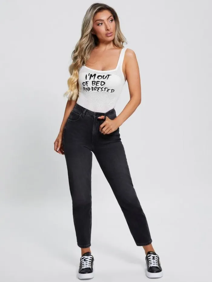 Women GUESS Tops Eco Sleeveless Slogan Bodysuit Dove White Multi