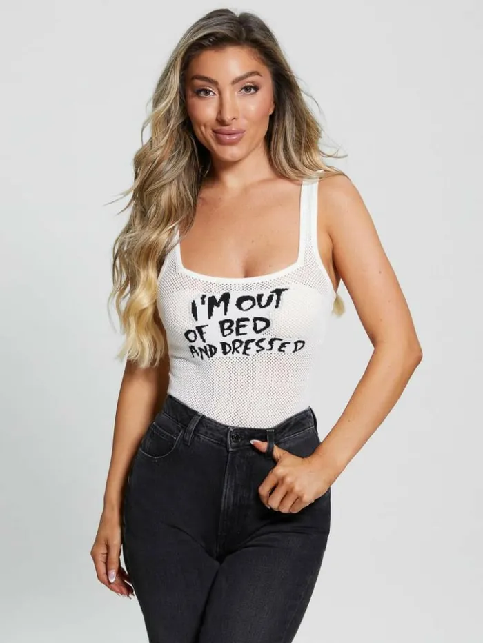 Women GUESS Tops Eco Sleeveless Slogan Bodysuit Dove White Multi