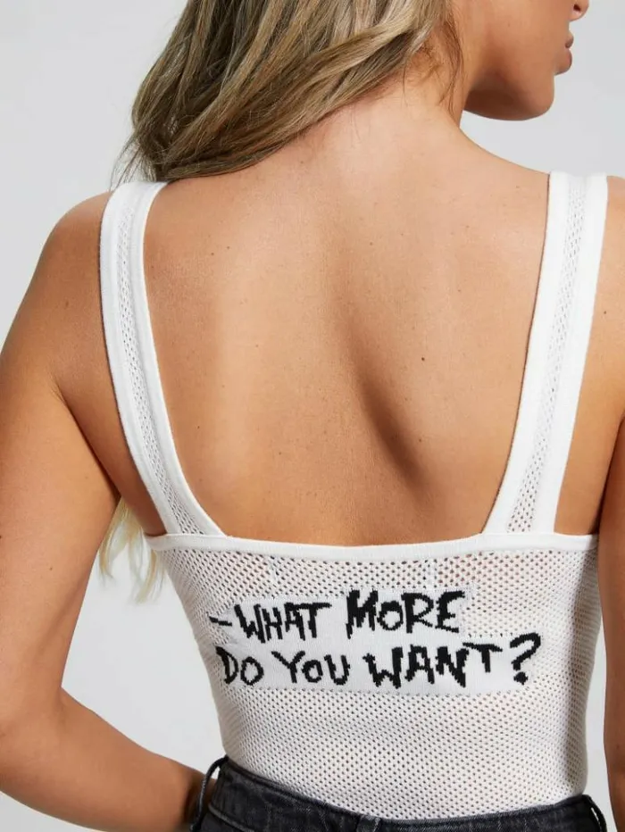Women GUESS Tops Eco Sleeveless Slogan Bodysuit Dove White Multi