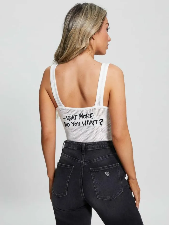 Women GUESS Tops Eco Sleeveless Slogan Bodysuit Dove White Multi