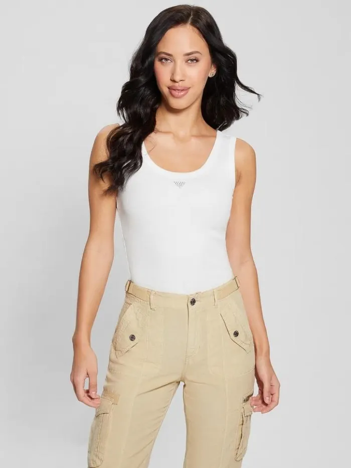 Women GUESS Tops Eco Triangle Bling Ribbed Tank Pure White