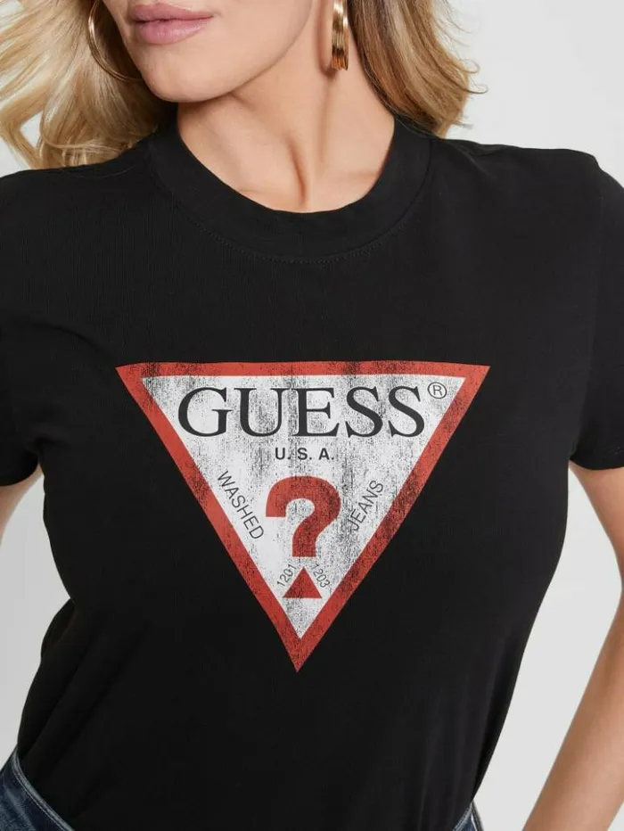 Women GUESS Tops Eco Triangle Logo Tee Black