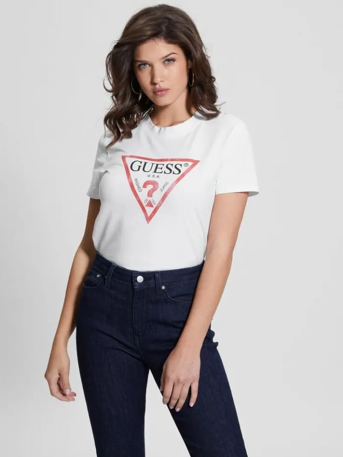 Women GUESS Tops Eco Triangle Logo Tee Pure White