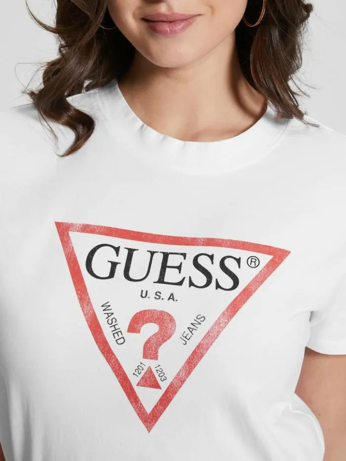 Women GUESS Tops Eco Triangle Logo Tee Pure White