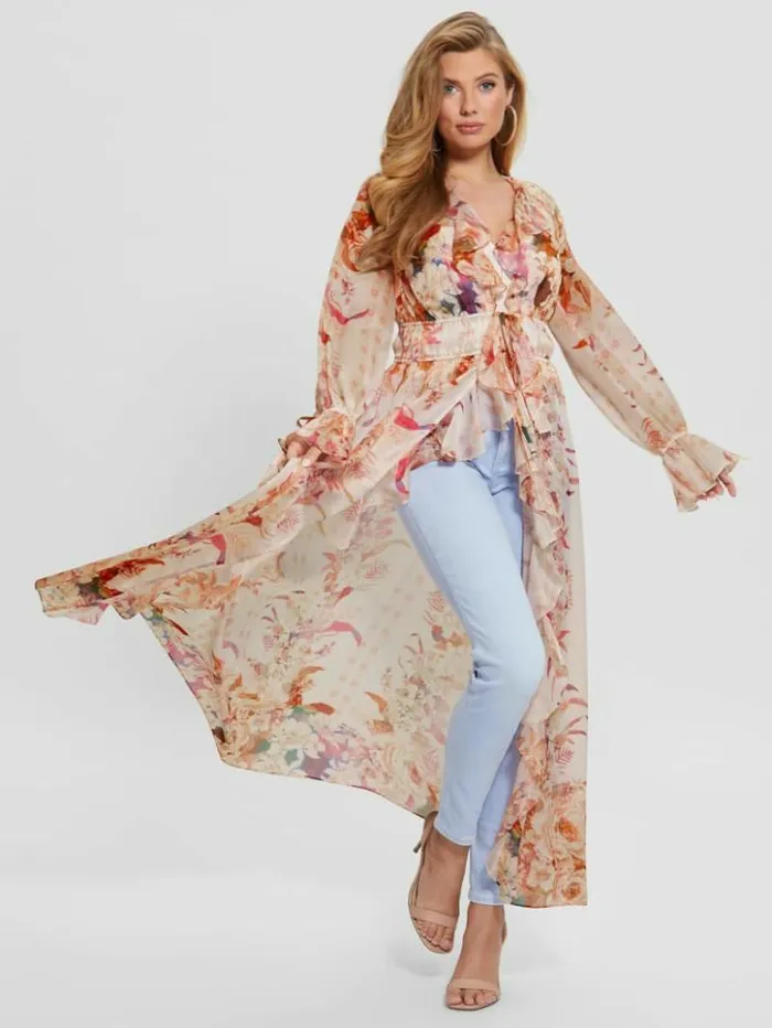 Women GUESS Tops Eco Vanessa Printed Chiffon Duster Reclaimed Romance