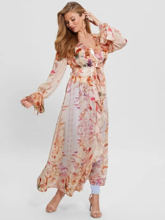 Women GUESS Tops Eco Vanessa Printed Chiffon Duster Reclaimed Romance